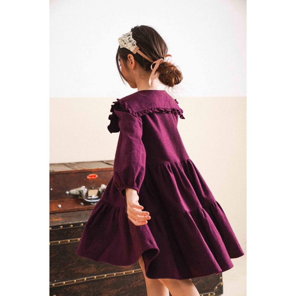Đầm bé gái CRABIE babydoll dài tay bồng cổ sen bèo nhún - Remi dress - Đỏ tím