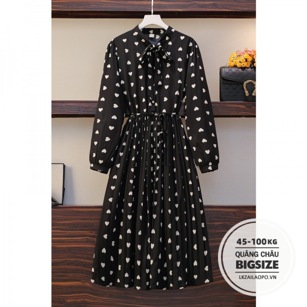 BIGSIZE Nữ (45-100kg) Đầm dáng xoè dài qua gối Phối đen chấm bi voan cổ vest Thắt Eo tay dài - Váy - Phong cách Hàn Quốc ulzzang xinh đẹp - cho người mập béo 45-100kg - quảng châu cao cấp