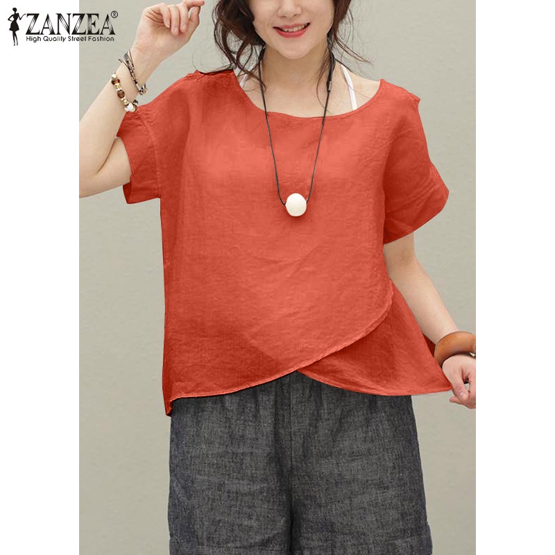 Áo kiểu nữ ZANZEA tay ngắn cổ tròn màu trơn vạt không đối xứng thời trang