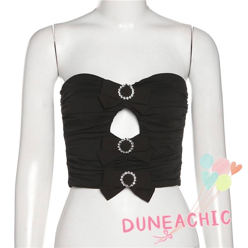 DUNEA Áo Ống Hở Vai Xếp Ly Thắt Nơ Quyến Rũ Cho Nữ