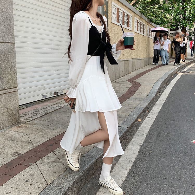 Đầm xòe ulzzang nữ dáng dài qua gối xẻ đùi tay bồng HV165, đầm dài tay cổ V xếp tầng phong cách hàn quốc