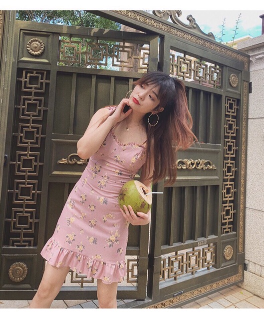 Váy hai dây họa tiết hoa hồng chất lụa - LOVI SHOP