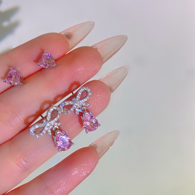 Đôi Bông Tai Nơ Trái Tim Đá Quý Màu Hồng Phong Cách Hàn Quốc Dành Cho Nữ