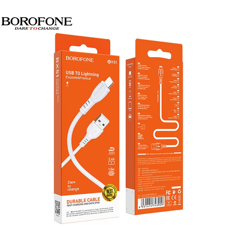 [Mã ELBOROMAY giảm 10% đơn 100K] Cáp sạc nhanh 2.4A BOROFONE BX51 chống rối đầu Lightning, Micro, Type-C 1m- Chính hãng