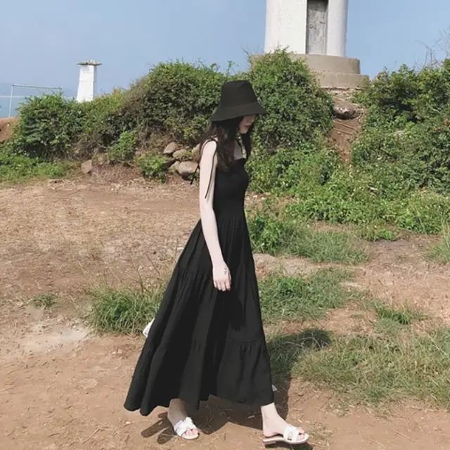 Đầm Hai Dây Dáng Dài Mỏng Nhẹ Màu Đen Phong Cách Hàn Quốc Thời Trang Đi Biển Cho Nữ