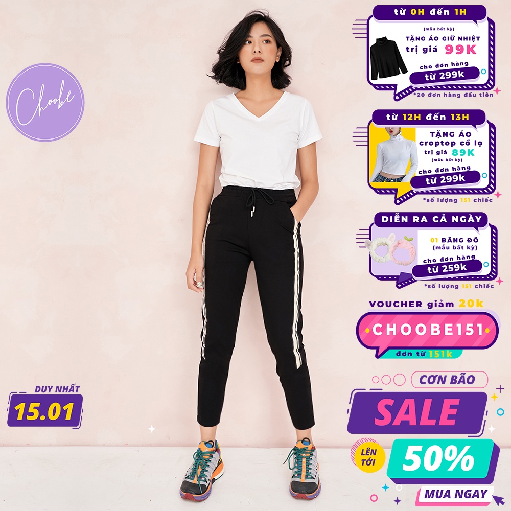 Quần jogger nữ Choobe dáng dài thun cạp chun cá tính thể thao tập gym sọc to Q17