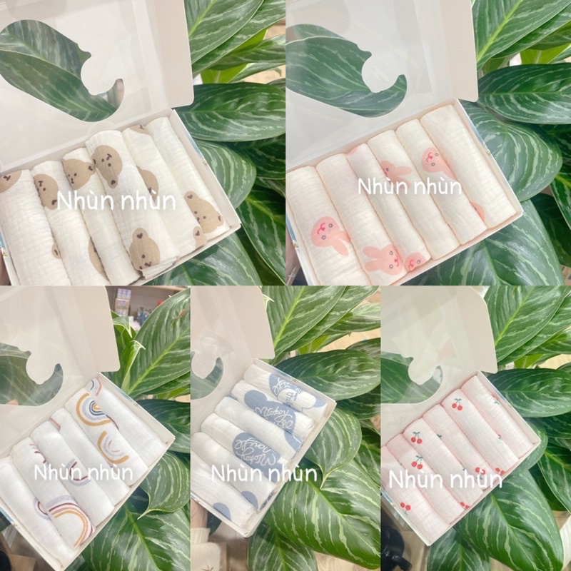 Khăn sữa xô nhăn cao cấp Mipbi hộp 6 cái KT 30x30cm. Khăn sữa cho bé 100% sợi bông thiên nhiên theo tiêu chuẩn Châu Âu