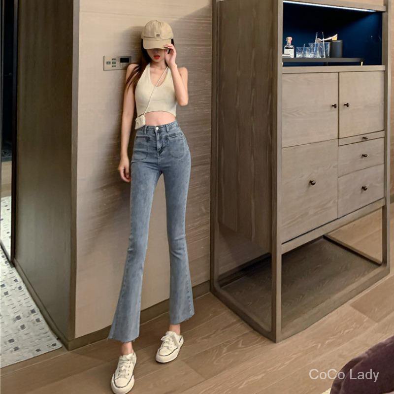 Quần Jeans Lửng Cạp Cao Ống Loe Ôm Dáng Phong Cách Hàn Quốc Mùa Hè 2021 Ag1Q