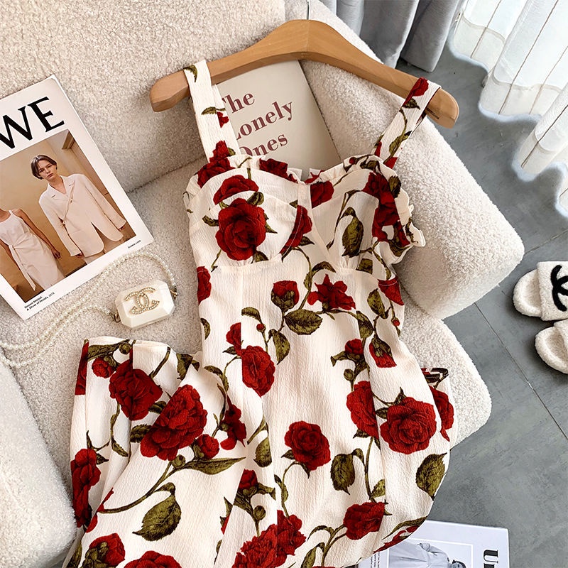 Đầm Hai Dây Dáng Ôm In Họa Tiết Hoa Hồng Thời Trang Mùa Hè Hàng Mới Quyến Rũ Cho Bạn Gái