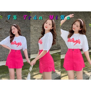 Set đồ nữ cá tính năng động áo thun trắng chữ pull phối chân váy hồng