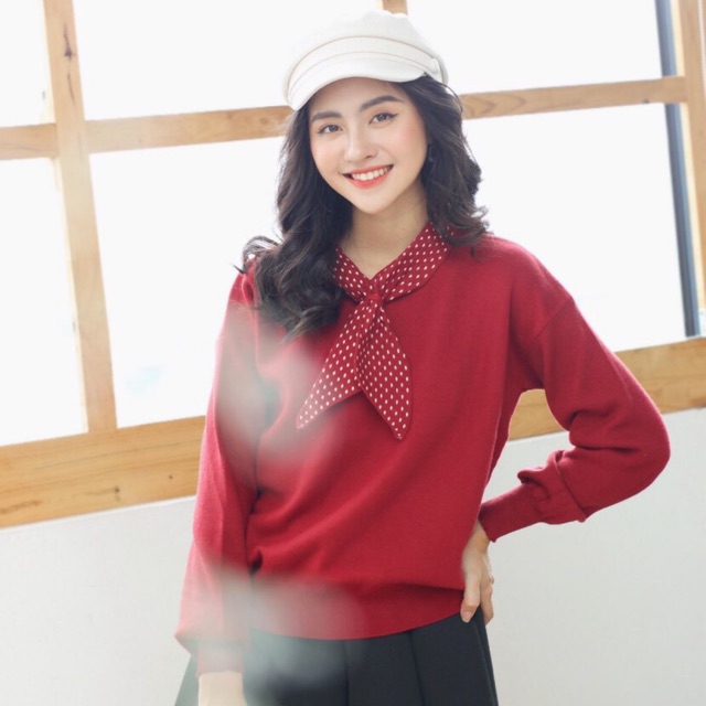 Áo len dài tay thắt nơ chấm bi