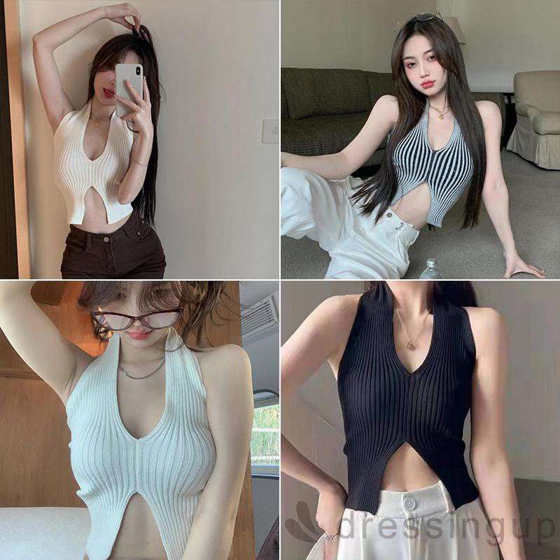 Áo Croptop Sát Nách Cổ Chữ V Hở Lưng Xẻ Tà Dáng Ôm Thời Trang Cho Nữ