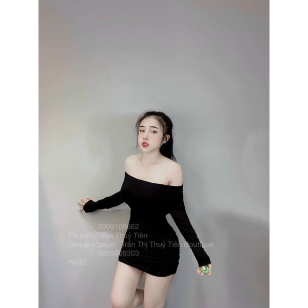 Đầm body nhún trễ vai tay dài