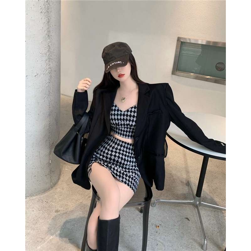 Bộ 2 món ZHELIHANGFEI áo dây dệt kim + chân váy cùng màu kẻ caro