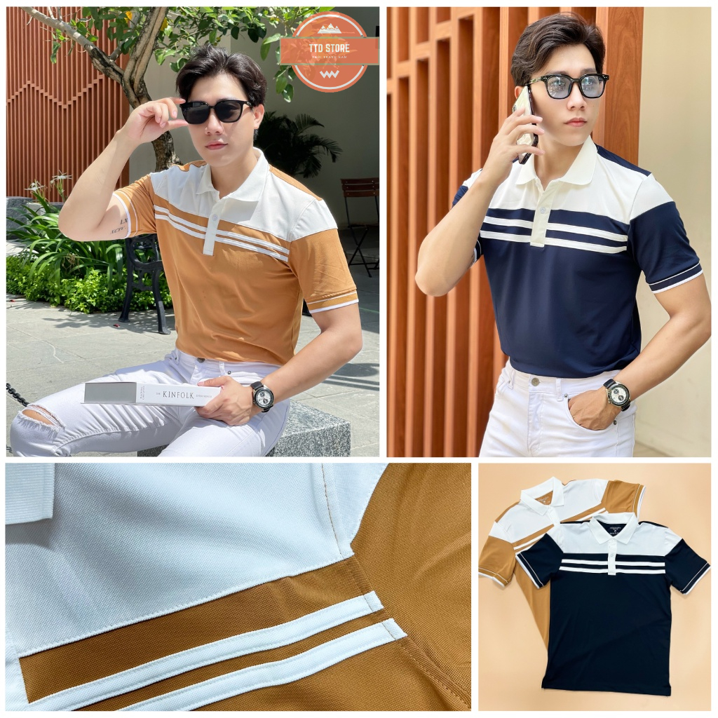 Áo thun nam polo cao cấp tay ngắn phối ngực dây ngang, áo chất poly da cá sấu phối viền tay cổ siêu đẹp giá tốt