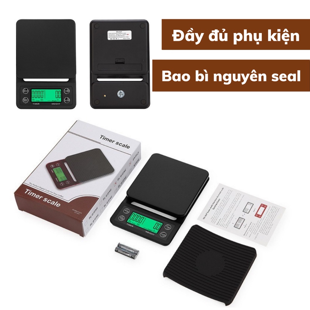 Cân tiểu ly pha chế Timer-coffee định lượng 0,1g - 3kg thiết kế sang trọng độ chính xác cao tặng kèm pin AA