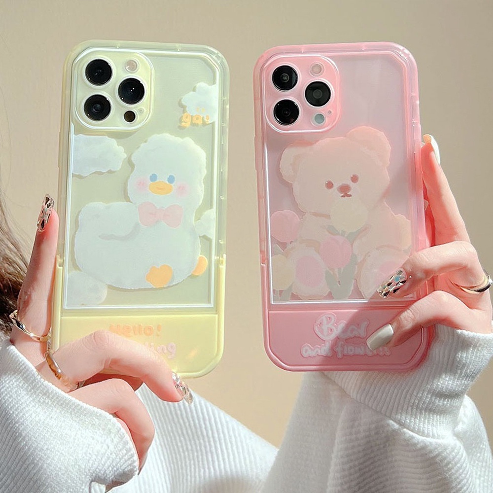 Casing For IPhone 13 12 11 7 8 Plus X Xs Xr Pro Max 7+ 8+ SE 2020 Xsmax Promax 13Promax 12Promax 11Promax Stand Cute Cartoon Flower Bear Duck Invisible folding bracket couple friends Phone Back Case Cover TX 03