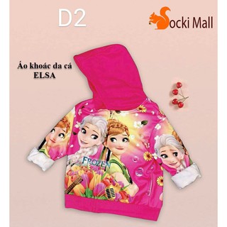 Áo khoác cho bé gái, áo có nón, chất da cá mặc ấm, in 3D công chúa ELSA sặc sỡ (Hồng).