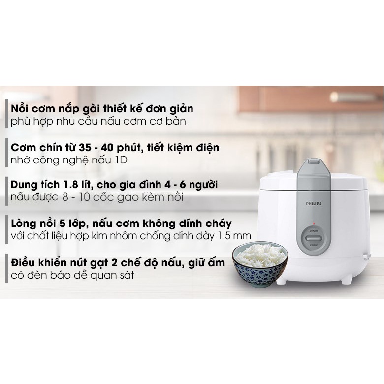 Nồi cơm điện Philips 1.8 lít HD3115 hàng chính hãng lòng nồi chống dính tốt công suất 800w tiết kiệm điện