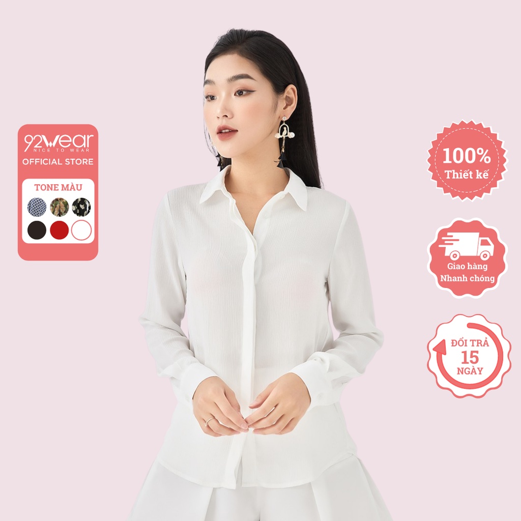 Áo sơ mi nữ công sở cổ đức 92WEAR thiết kế hoạ tiết hoa văn thời trang trẻ trung năng động ASA0862