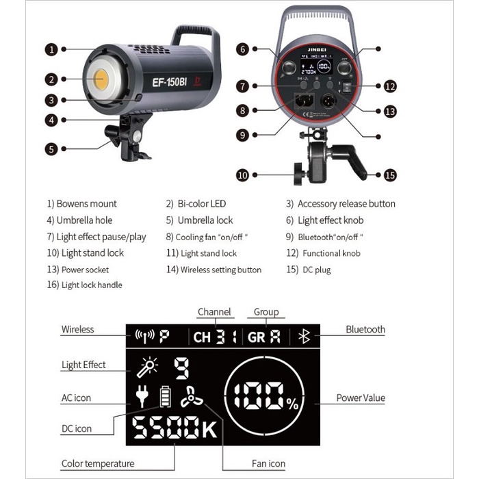 Đèn led studio Jinbei EF150Bi hàng chính hãng, giá tốt