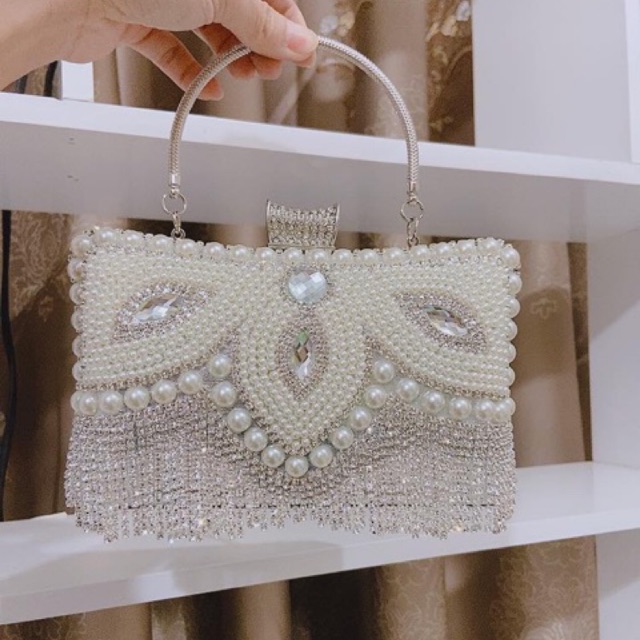 Ví nữ đi tiệc - clutch kim sa khoá đá có quai cầm