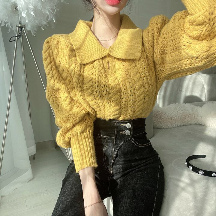 Áo Len Tay Phồng Dài Dáng Rộng Phong Cách Hàn Quốc Thời Trang Mùa Thu Cho Nữ