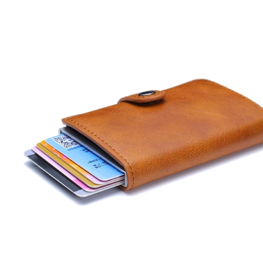 Leather Mens Aluminum Wallet RFID Blocking Mini Magic Wallet Automatic Credit Card Coin Purse