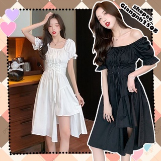 V019 Váy nữ dáng xòe xẻ chân thắt nơ eo tiểu thư, đầm dài dáng xòecổ vuông tay bồng đen trắng bánh bèo nữ tính