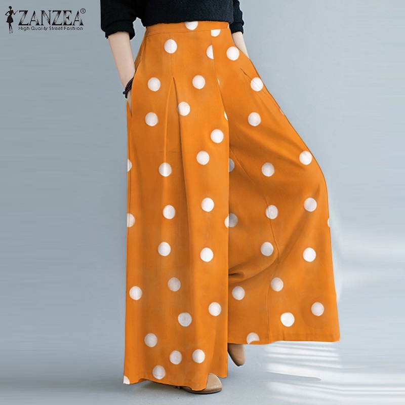 Quần dài nữ ZANZEA lưng cao họa tiết chấm bi ống rộng suông thanh lịch thời trang dễ phối đồ
