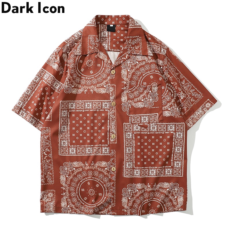 Áo Sơ Mi Nam In Biểu Tượng Bandana Màu Tối Phong Cách Vintage Đường Phố Hawaii