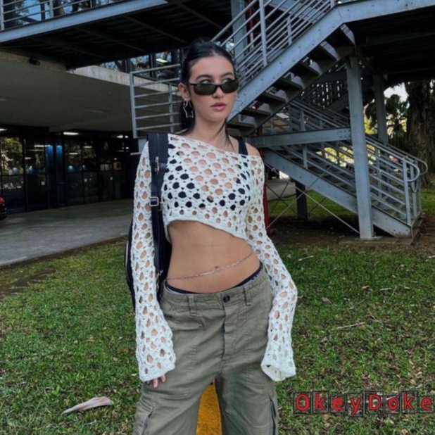 Áo Croptop Dệt Kim Tay Dài Màu Trơn Dáng Ôm Thiết Kế Khoét Lỗ Đơn Giản Thời Trang Cho Nữ