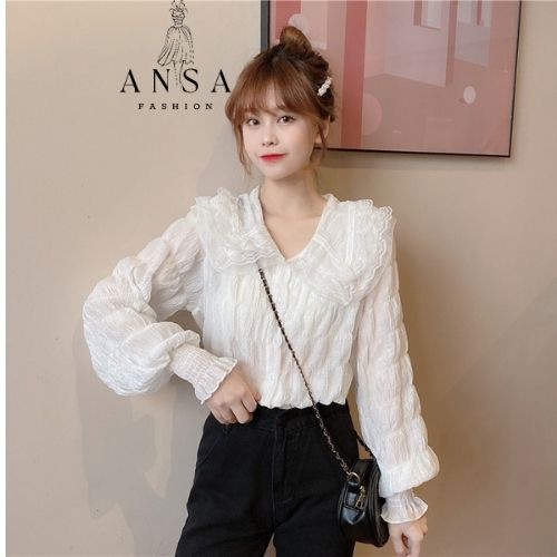 Áo sơ mi trắng nữ bánh bèo dài tay cổ ren