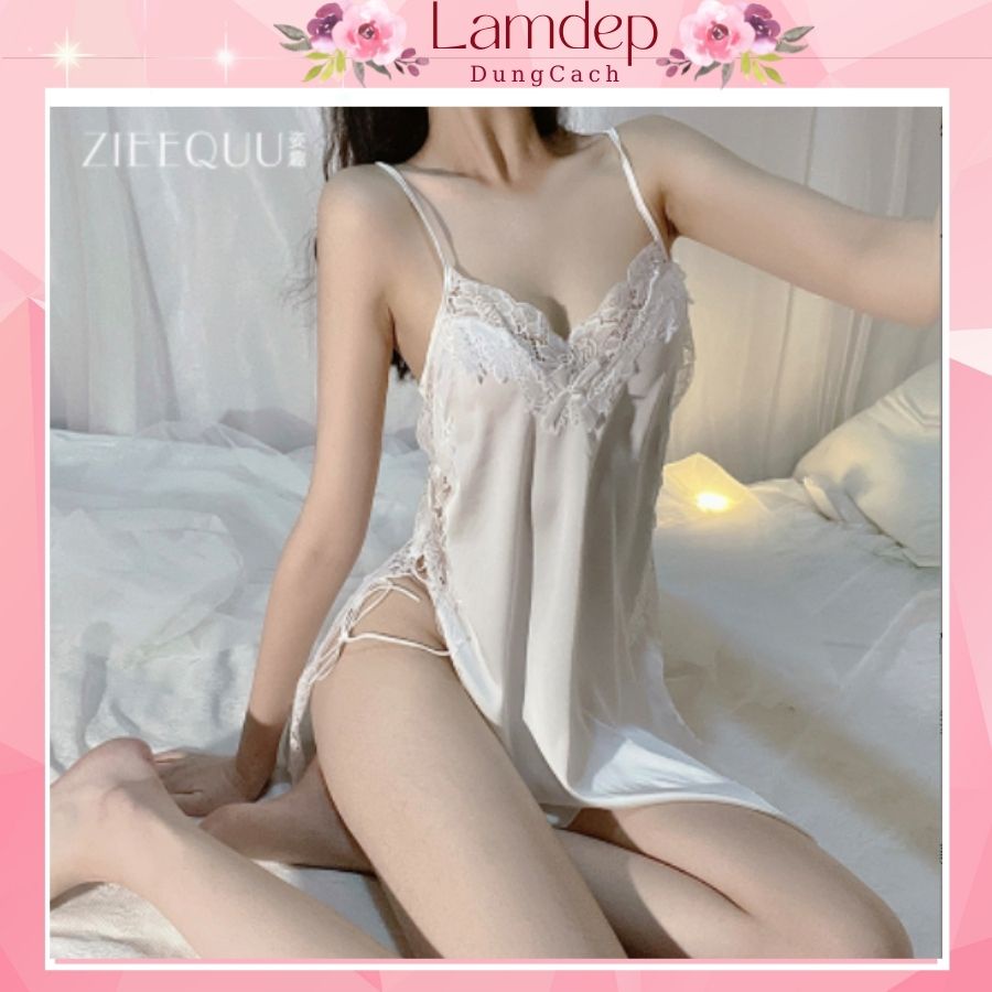 Váy ngủ lụa xẻ hông cao cấp xexxy, đầm ngủ sexy kèm quần lọt khe LDD1136