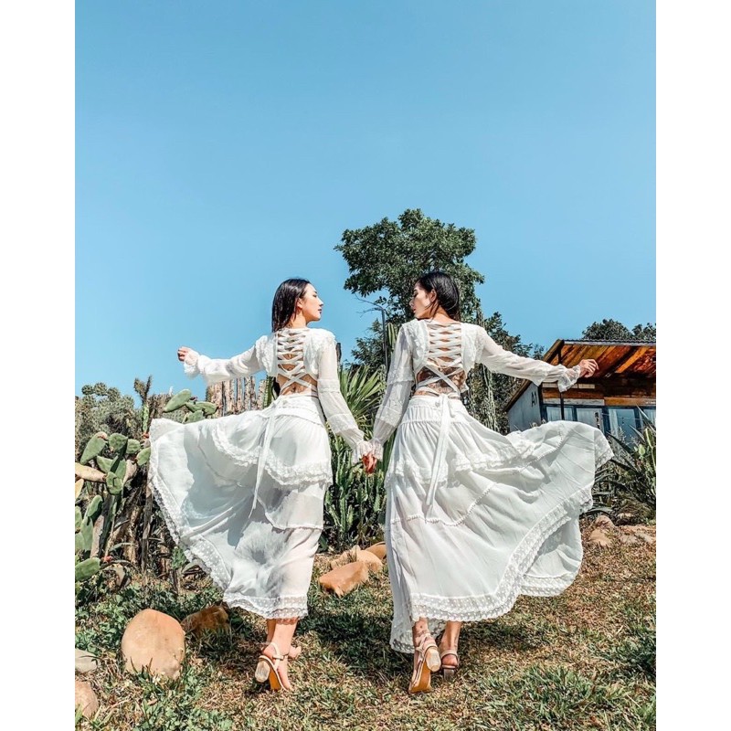 Đầm maxi trắng phối ren bông đan lưng chéo xoè bồng, Váy midi tầng sống ảo du lịch tiệc kỉ yếu thời trang nữ (hình thật) | BigBuy360 - bigbuy360.vn