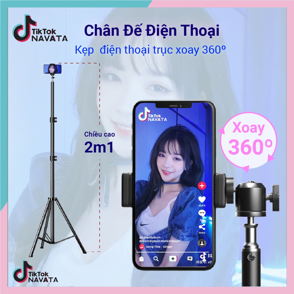 Chân đế điện thoại Tripod quay TikTok, chân đèn livestream giá đỡ Cao 2m1 loại chắc chắn chịu lực tốt