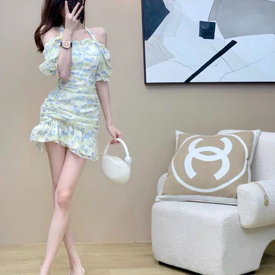 Đầm trễ vai Perty họa tiết hoa dáng ngắn phong cách Hàn Quốc thời trang gợi cảm mùa hè cho nữ