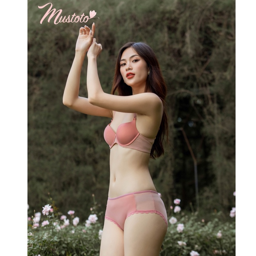 Bộ Đồ Lót Nữ Trơn Phối Lưới Không Gọng Mút Dày 3cm Nâng Ngực Màu Hồng Cam (Mustoto MA42 MQ04)