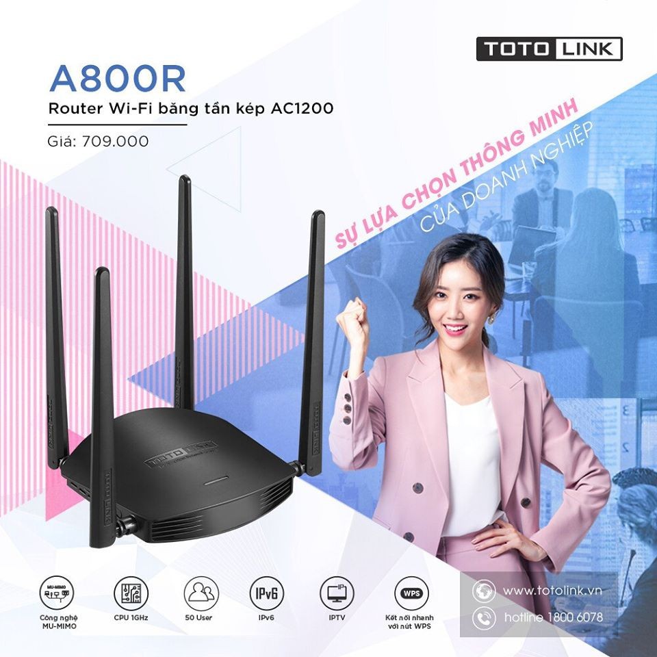 Bộ phát Wi-Fi băng tần kép AC1200 Totolink A800R - Hàng Chính Hãng