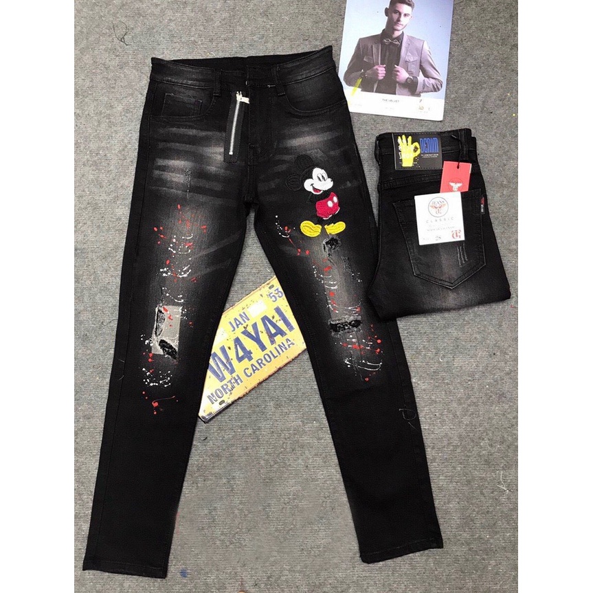 Quần jean nam đen rách khóa lệch chất bò thêu MICKEY co giãn,chuẩn from-AHFASHION