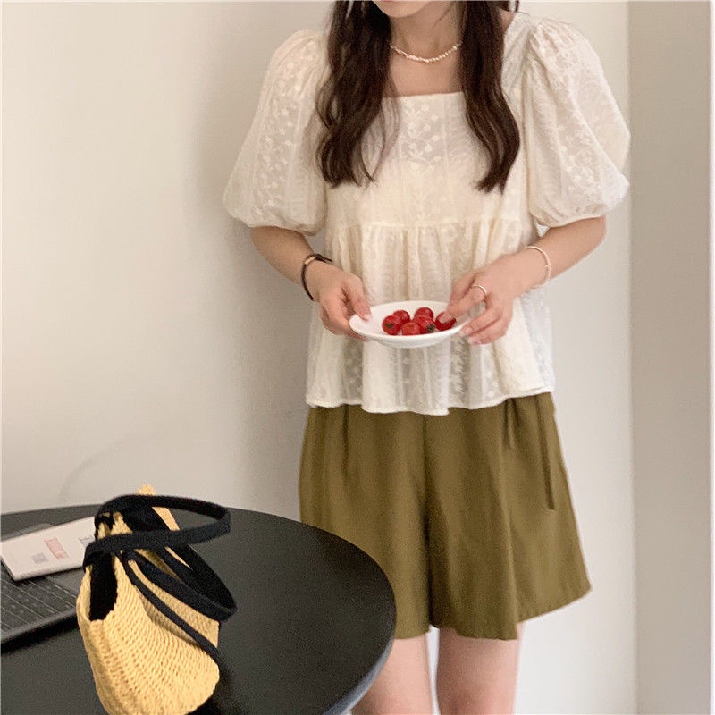 Áo Kiểu Tay Phồng Cổ Vuông Phối Ren Thời Trang Mùa Hè Xinh Xắn Cho Bé