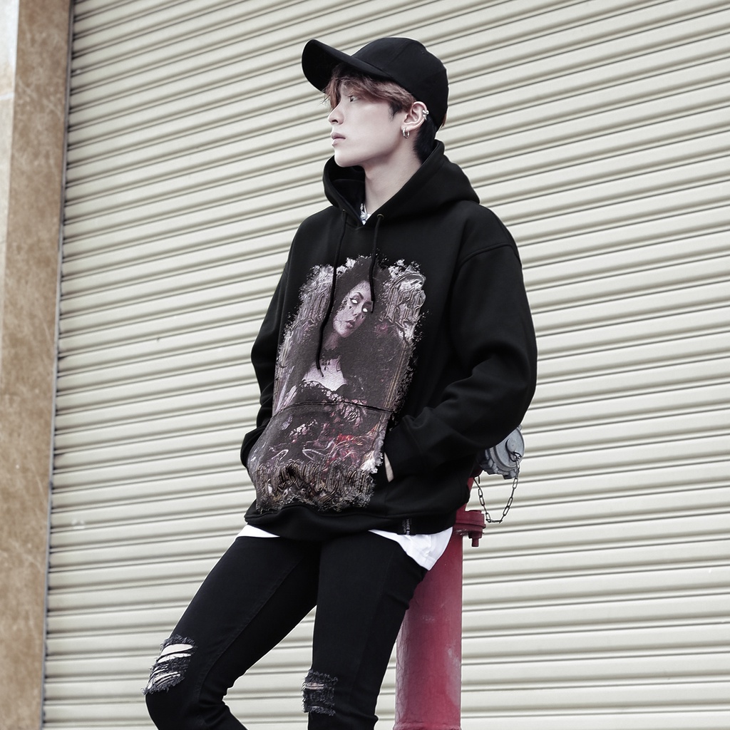 Áo Hoodie Black Widow Màu Đen Trơn Unisex Chất Liệu Nỉ Bông Cotton Dày Dặn Form Rộng Thoải Mái Phong Cách Đơn Giản