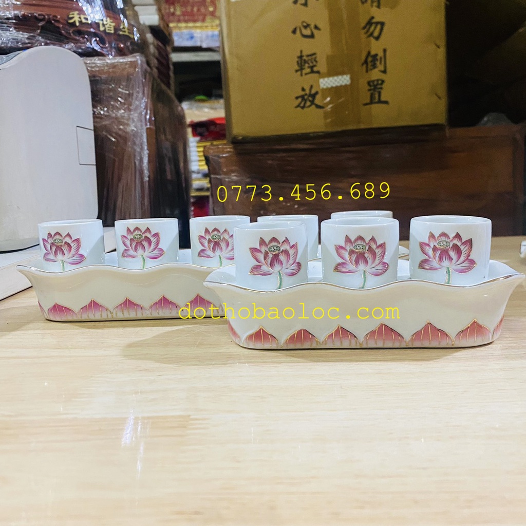 Chum nước thờ bạch ngọc sứ cao cấp hình hoa sen tím nổi 2 loại: bộ 3 ly và bộ 5 ly