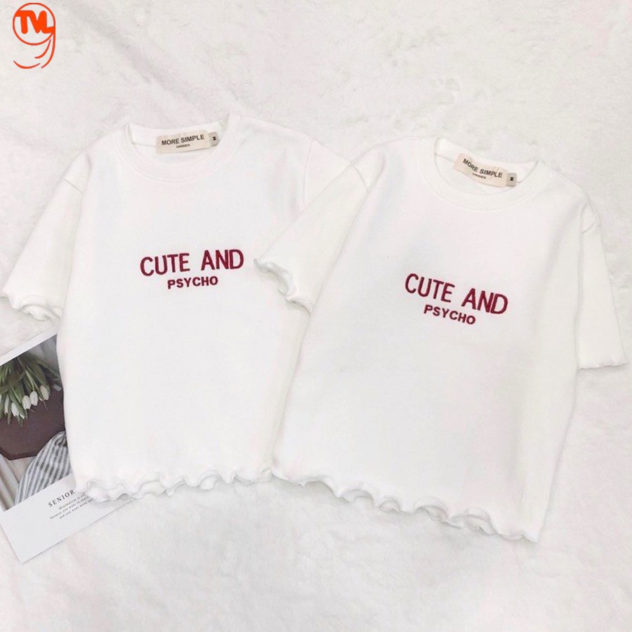 [Mã FAMAYWA giảm 10K đơn 50K] Áo croptop nữ tay ngắn, croptop rua gấu thêu chữ Cute And Psycho. | BigBuy360 - bigbuy360.vn