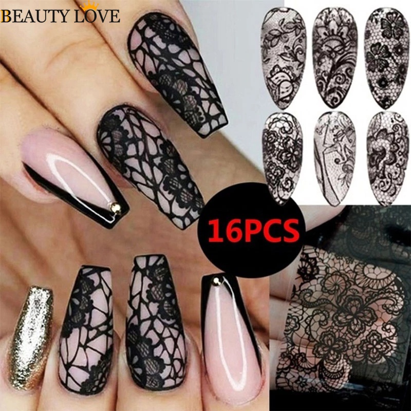 Set 16 Nhãn Dán Móng Tay Tự Dính Họa Tiết Ren Trắng Đen Thời Trang DIY