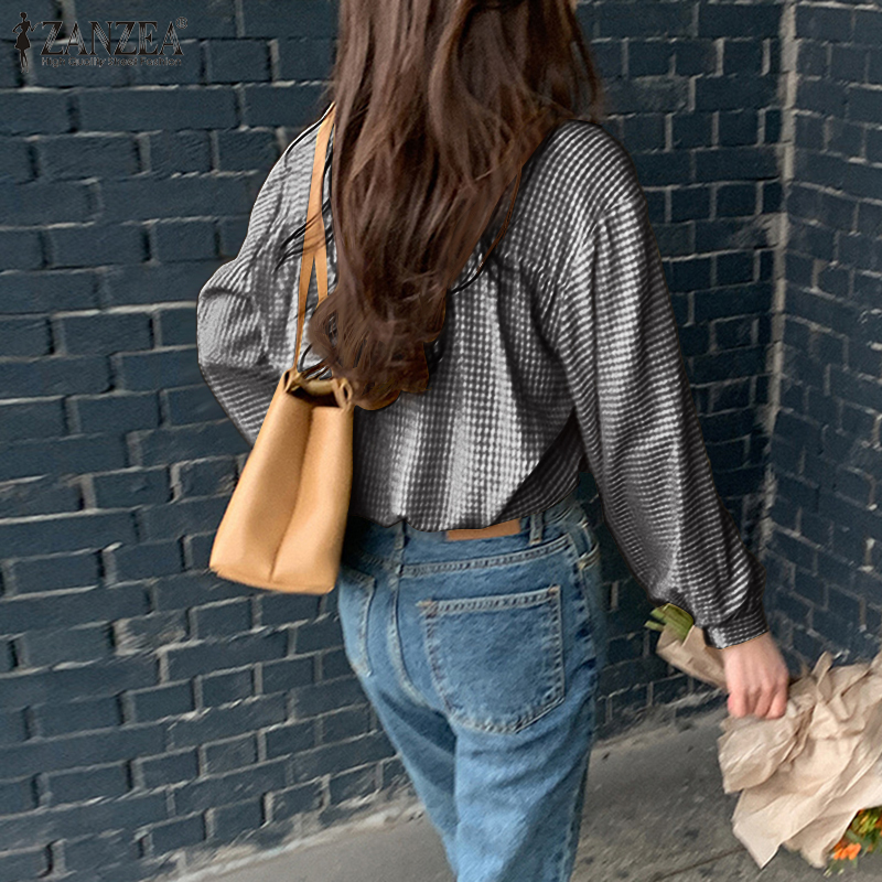Áo Kiểu ZANZEA Họa Tiết Caro Tay Dài Thiết Kế Nút Gài Trước Ngực Thời Trang Nữ