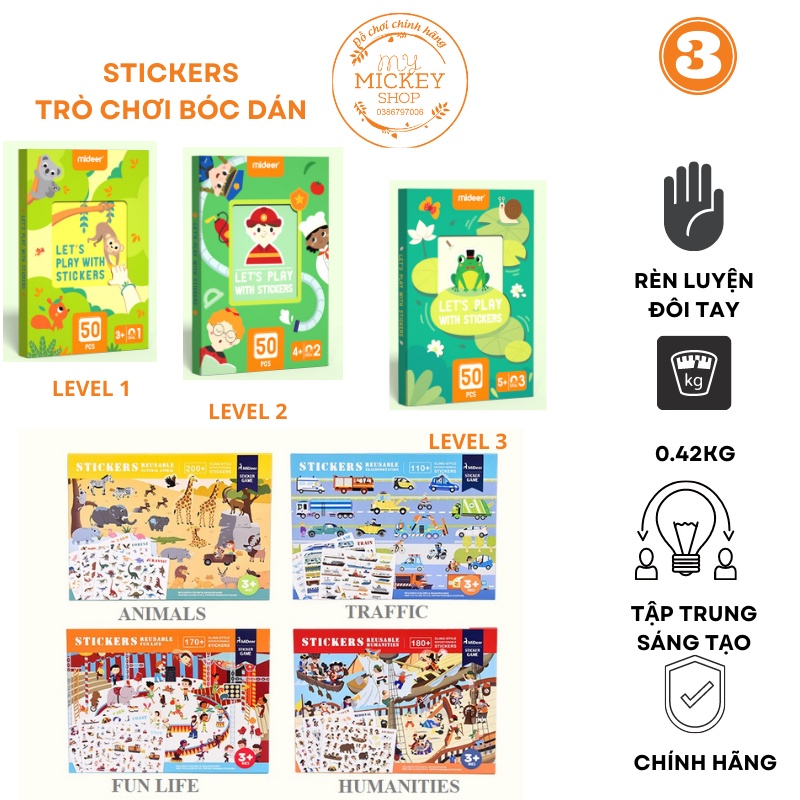 Bộ trò chơi Mideer bóc dán bảng miếng dán đi dán lại nhiều lần Reusable Sticker 4 chủ đề let's play with stickers 3 mẫu