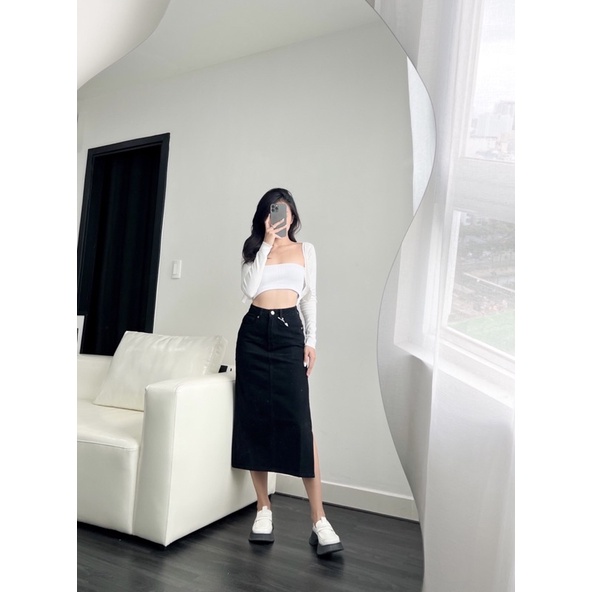 Chân váy jean dài xẻ cá tính đen xám LUCETFASHION Domi Jean Skirt
