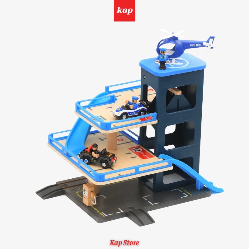 Bộ bãi đậu xe, parking garage, nhà phụ kiện liên kết đường ray xe lửa gỗ