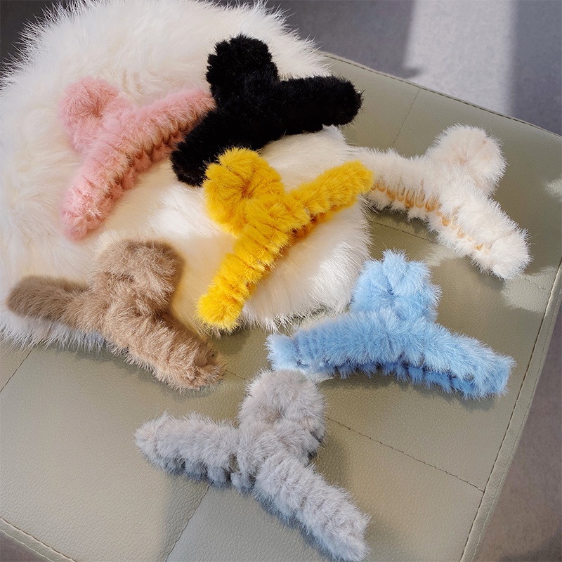 Kẹp Tóc Càng Cua Màu Kẹo Trơn / Trắng Hồng / Xám Bằng Lông Nhung Dễ Thương Xinh Xắn